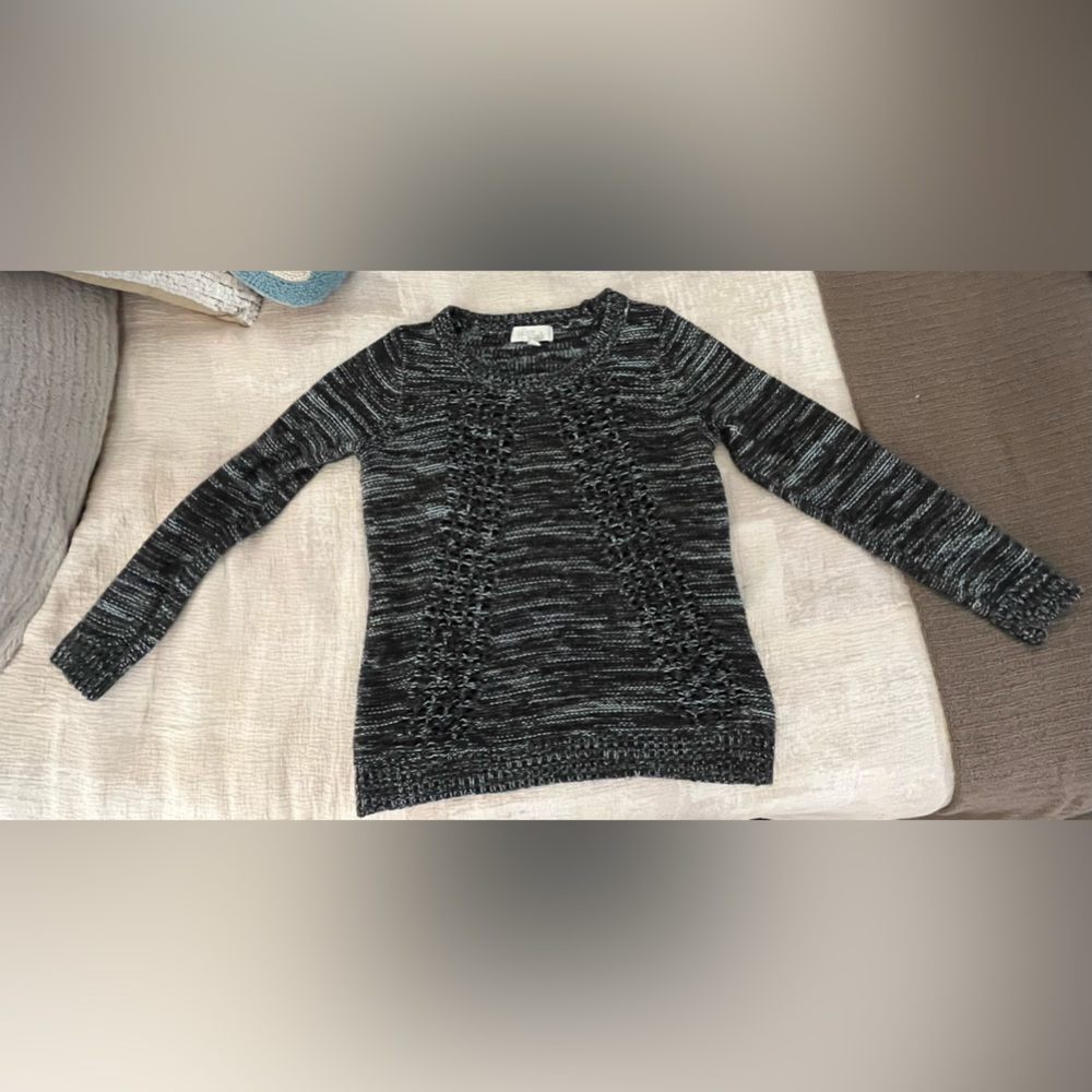 Olive and Oak, blue green and black knit sweater. Size M
